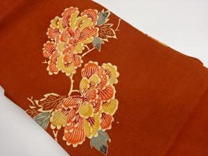 手織り紬　型染　枝葉に花々模様名古屋帯